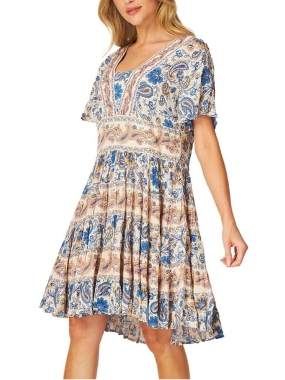 Bila Floral Paisley Short Sleeve Tiered Mini Dress Small Boho Cottagecore Fall